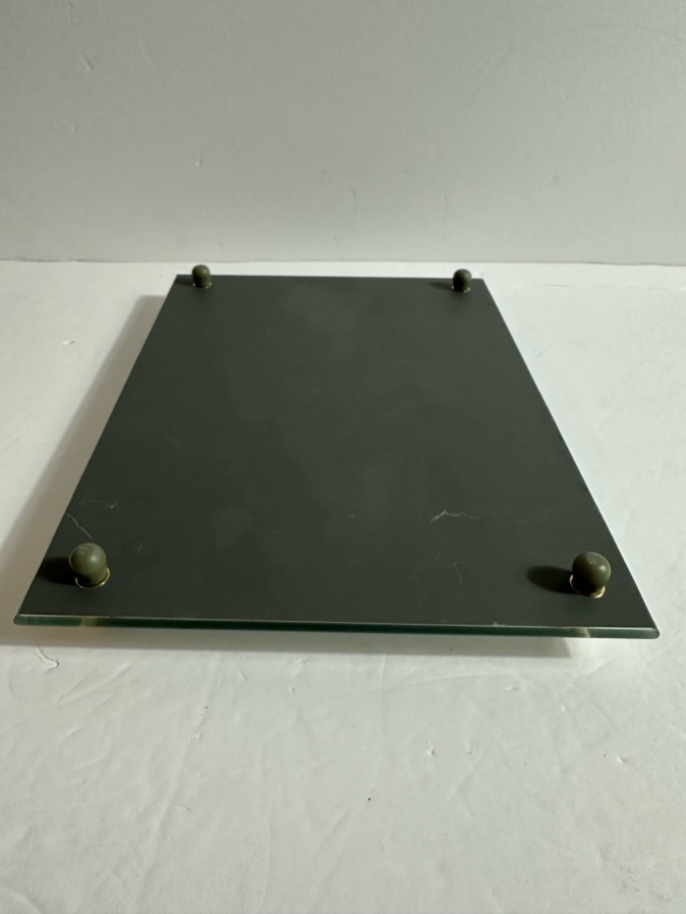 Vintage vanity dresser tray, mirrored base, glass railing, and brass accents. - Picture 5 of 8